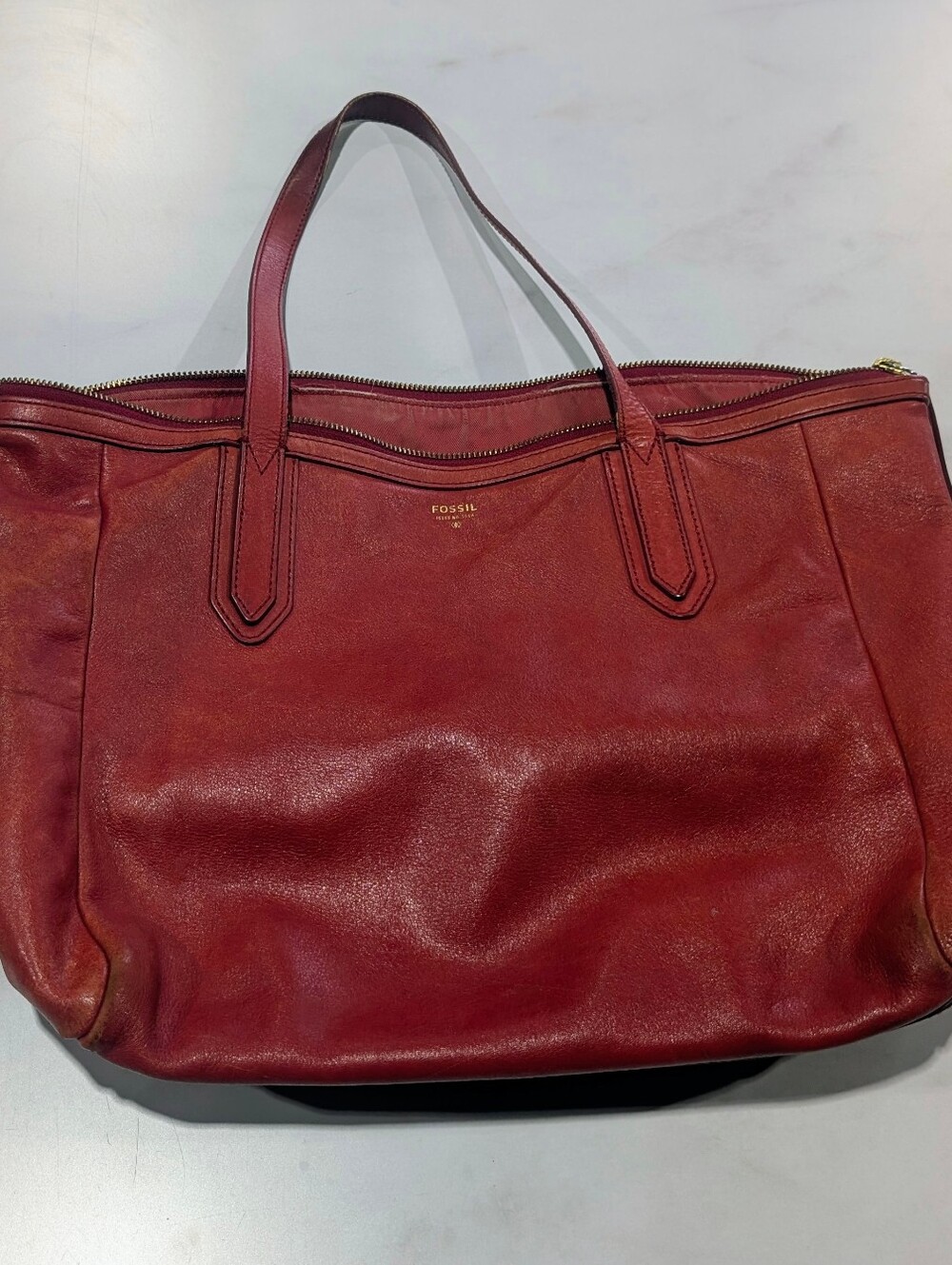 Fossil Red Leather Tote with Gold Logo